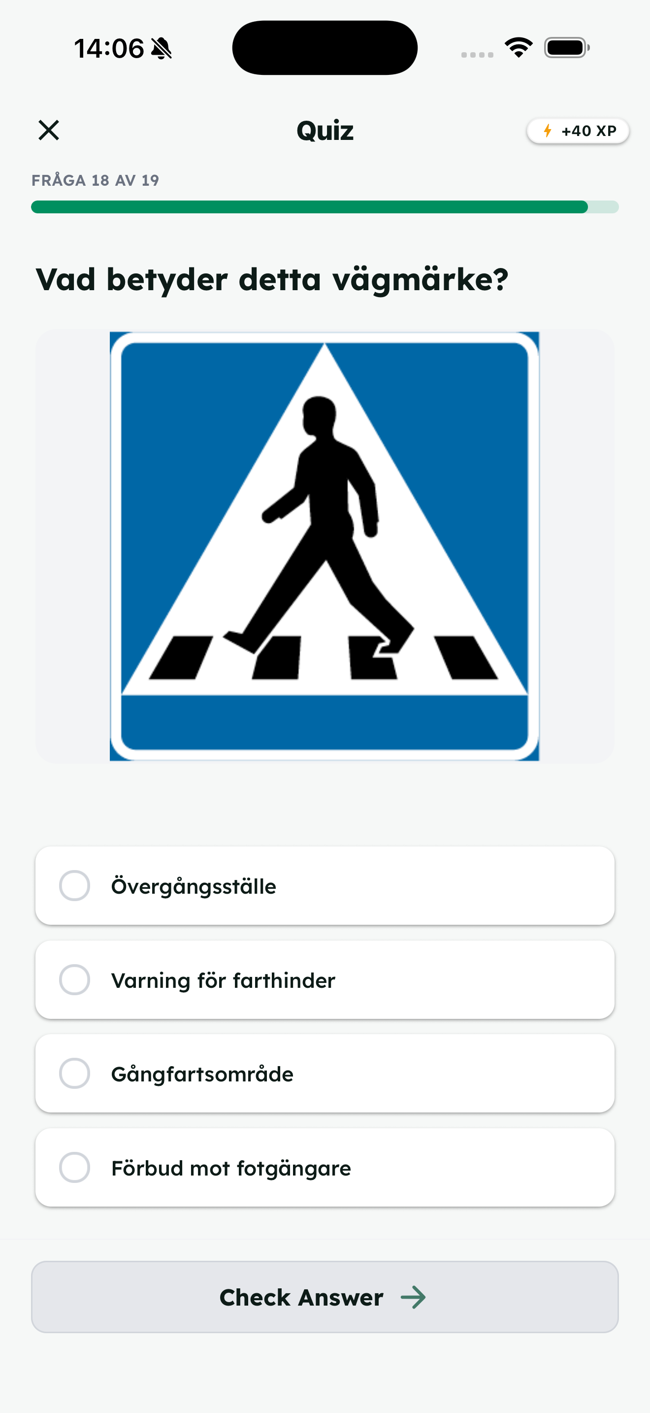 A quiz after the lesson · Original Swedish app screen · the footer button still reads “Check Answer” in English.