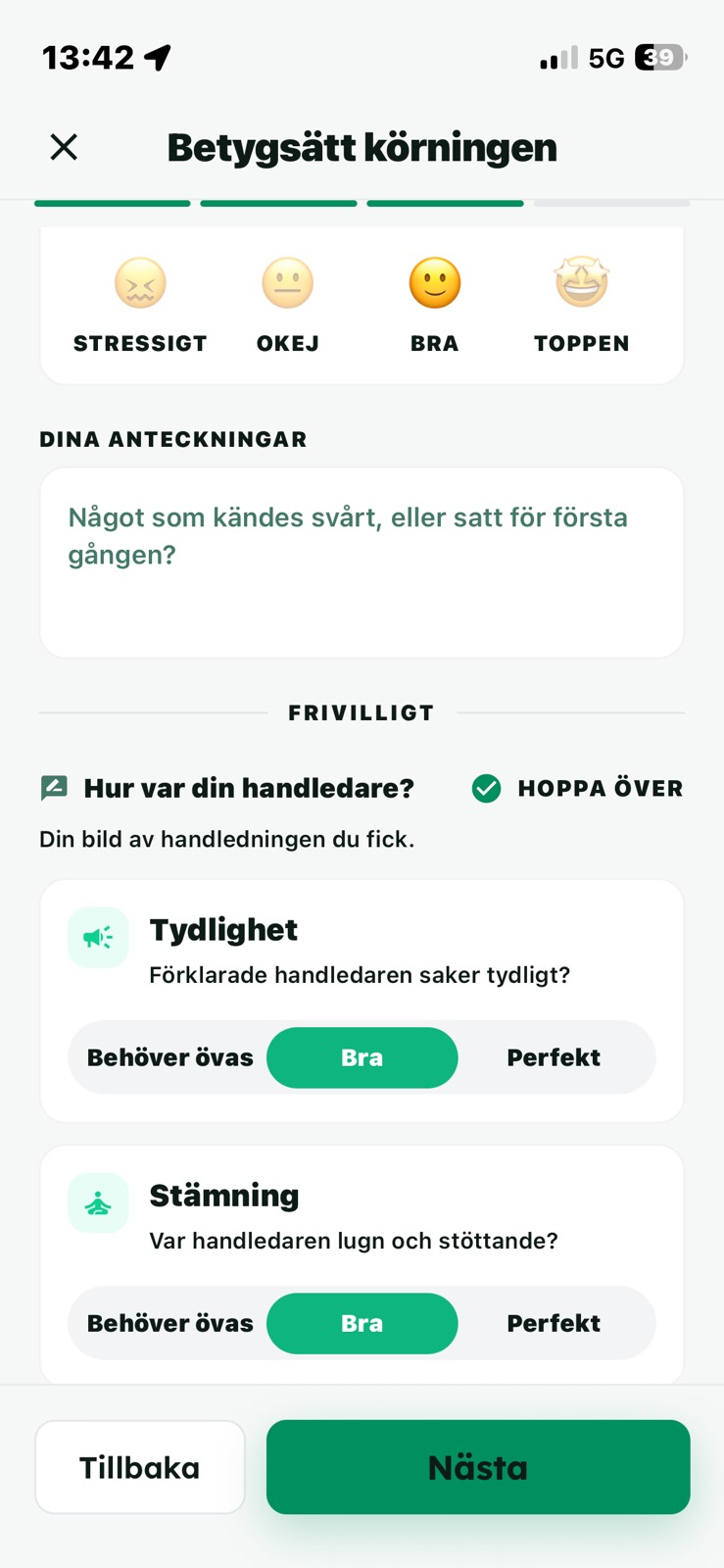 Hur var din handledare? · Skärmbild ur appen · elevens anteckningar och frivilliga svar om tydlighet och stämning